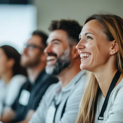 Lächelnde Teilnehmer in einem Seminar blicken aufmerksam nach vorne. Bild symbolisiert Freude am Lernen