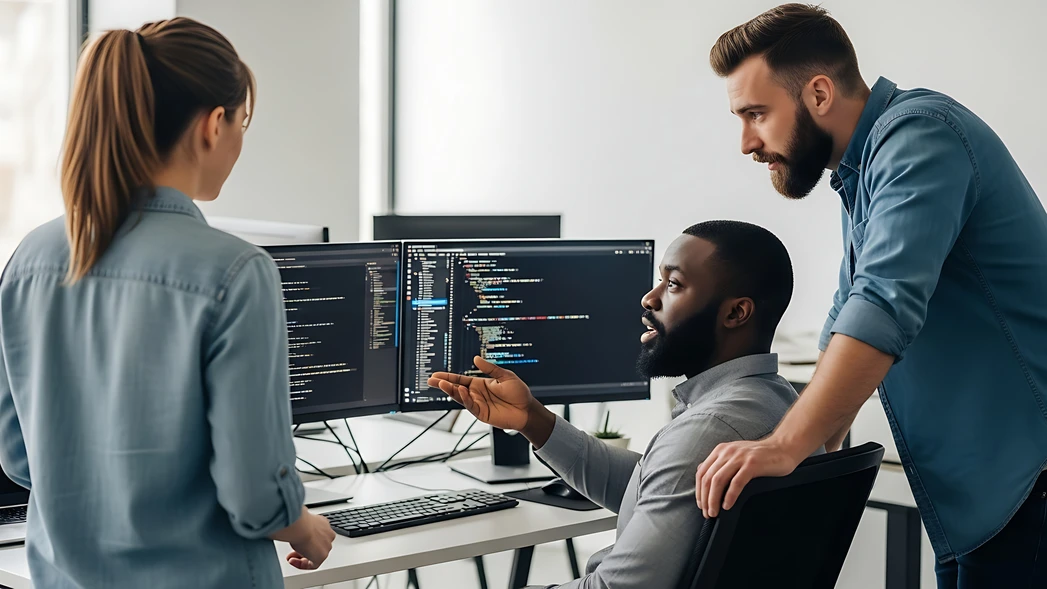 Drei Kollegen arbeiten und beraten sich gemeinsam vor zwei Computerbildschirmen