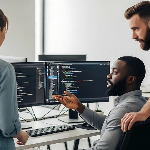 Drei Kollegen arbeiten und beraten sich gemeinsam vor zwei Computerbildschirmen