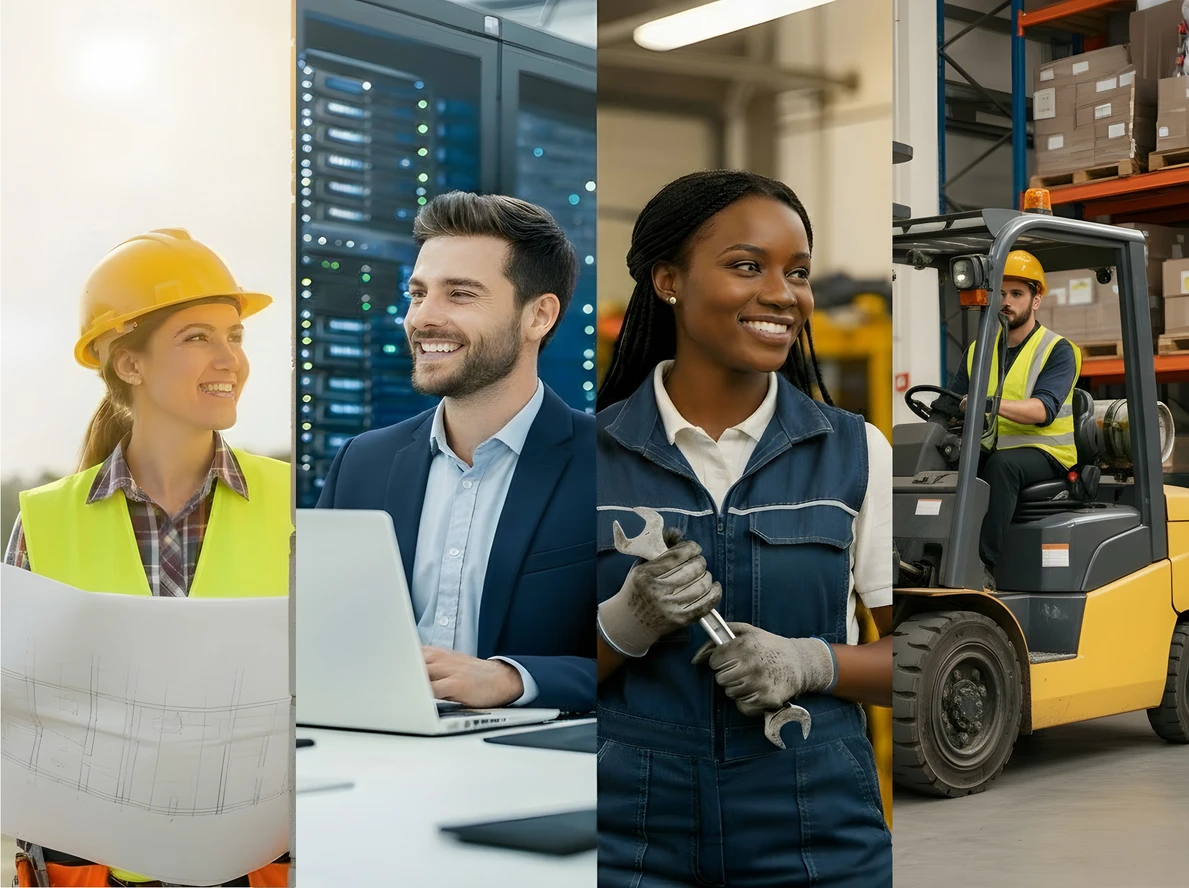 Vierteilige Collage mit Fachkräften aus Bau, IT, Technik und Logistik. Vielfalt und Professionalität in der Arbeitswelt.