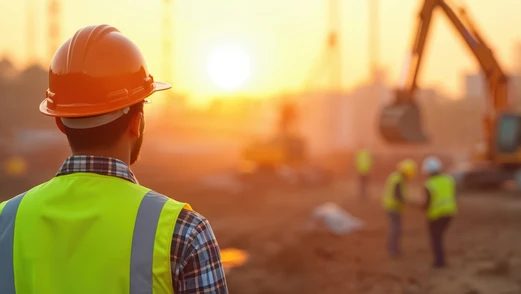 Bauarbeiter überblickt die Baustelle, Abenddämmerung